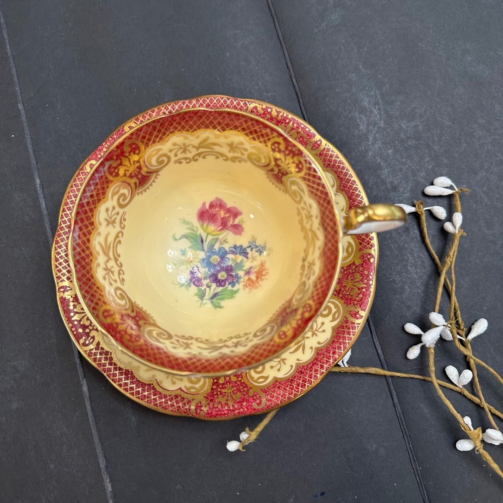 AYNSLEY Vintage Wide Tea Cup & Saucer England DORIS Shape Crimson Gilded
